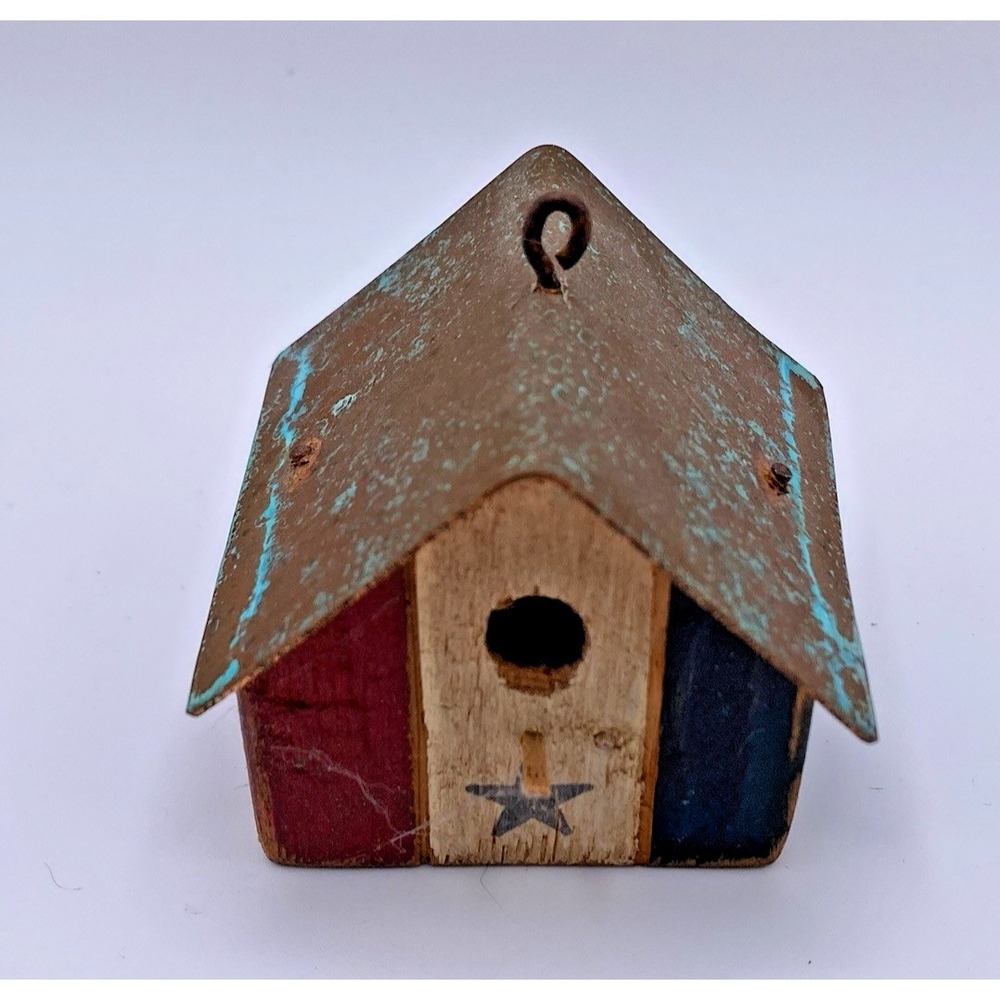 Vintage Americana Rustic Primitive Flag Metal Birdhouse Copper Roof Hang Mini